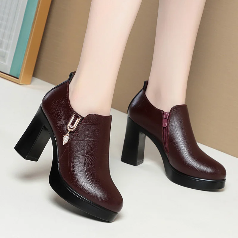 Comfortable Deep Mouth Soft Leather Anti-slip  Shoes Platform Spring 2024 Women\'s Block Black High Heels Office Mother Shoes