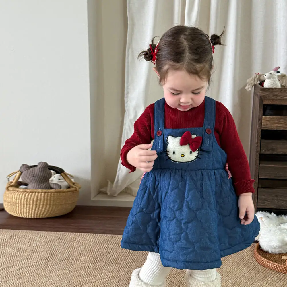 سانريو مرحبا كيتي ملابس الفتيات فستان الخريف/الشتاء جديد لطيف أنيق الطفل القطن مبطن حزام الكتف تنورة الأميرة تنورة