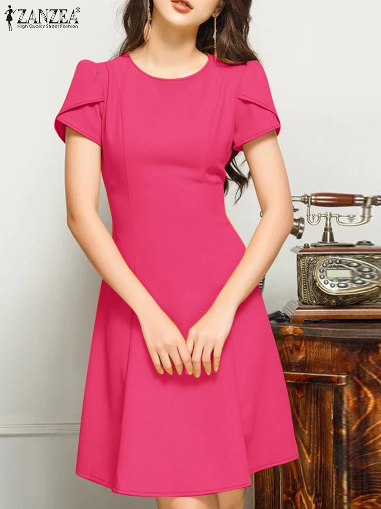 ZANZEA 2025 Summer Dress Women Elegant Short Sleeve Waisted Party Sundress Solid Work OL A-line Dresses Stylish Knee-length Robe