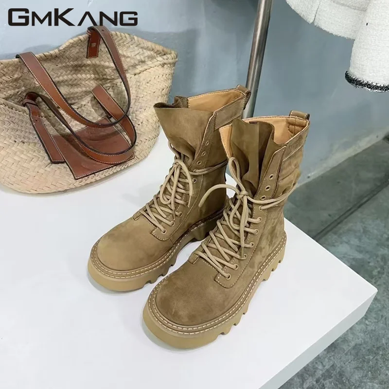 Hot selling thick soled motorcycle boots for women, round toe lace up boots, suede leather patches, autumn women's short boots