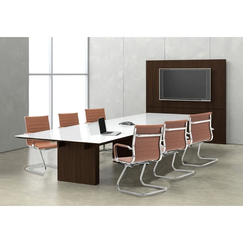 Conjunto de cadeiras para convidados de recepção de escritório com 8 costas médias em couro PU com pernas de metal e base de trenó para sala de recepção de conferências