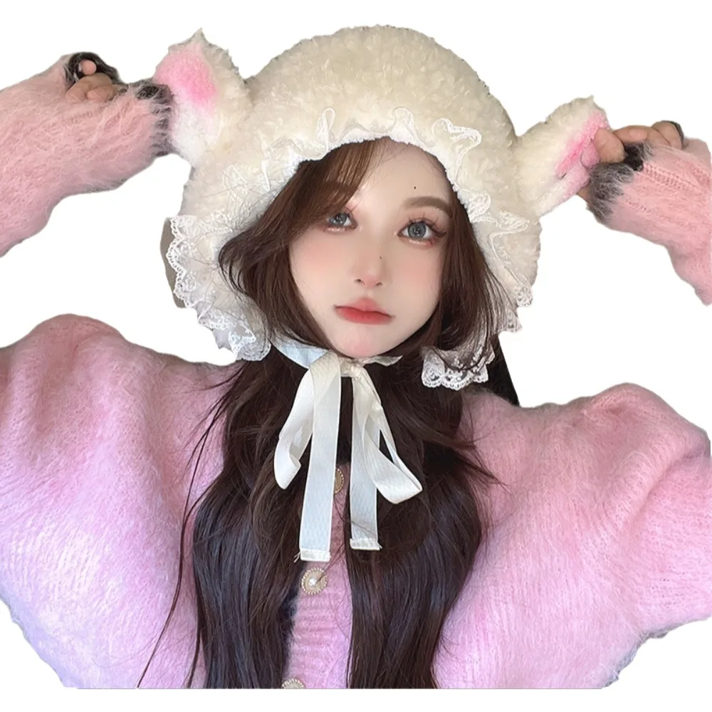 Trendy Soft Fluffy Hats Lace Lamb Cashmere Costume Hats Lamb Ear Outdoors Hats