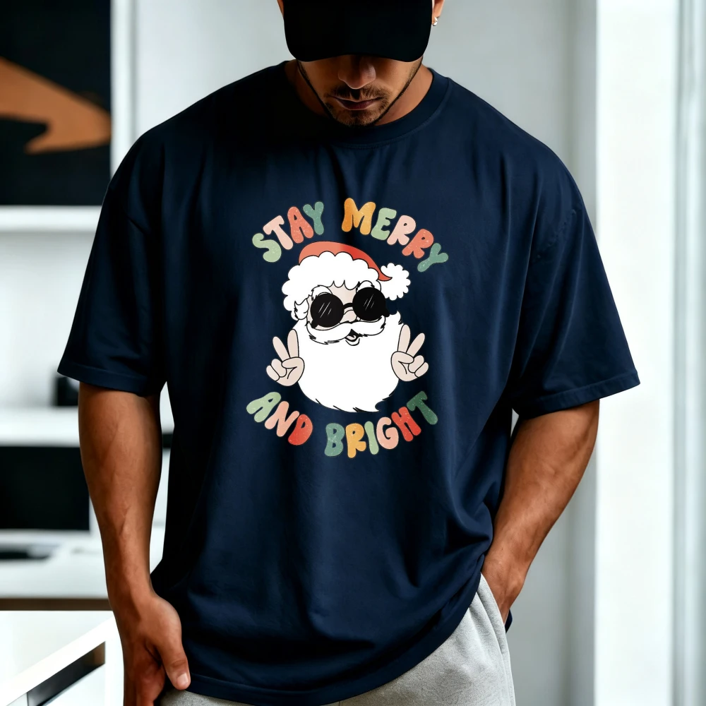 Funny Sunglasses Christmas Santa Retro Holiday Gift T-Shirt Stay Merry and Bright Tee Crew Neck Short Sleeve Cotton T Shirt