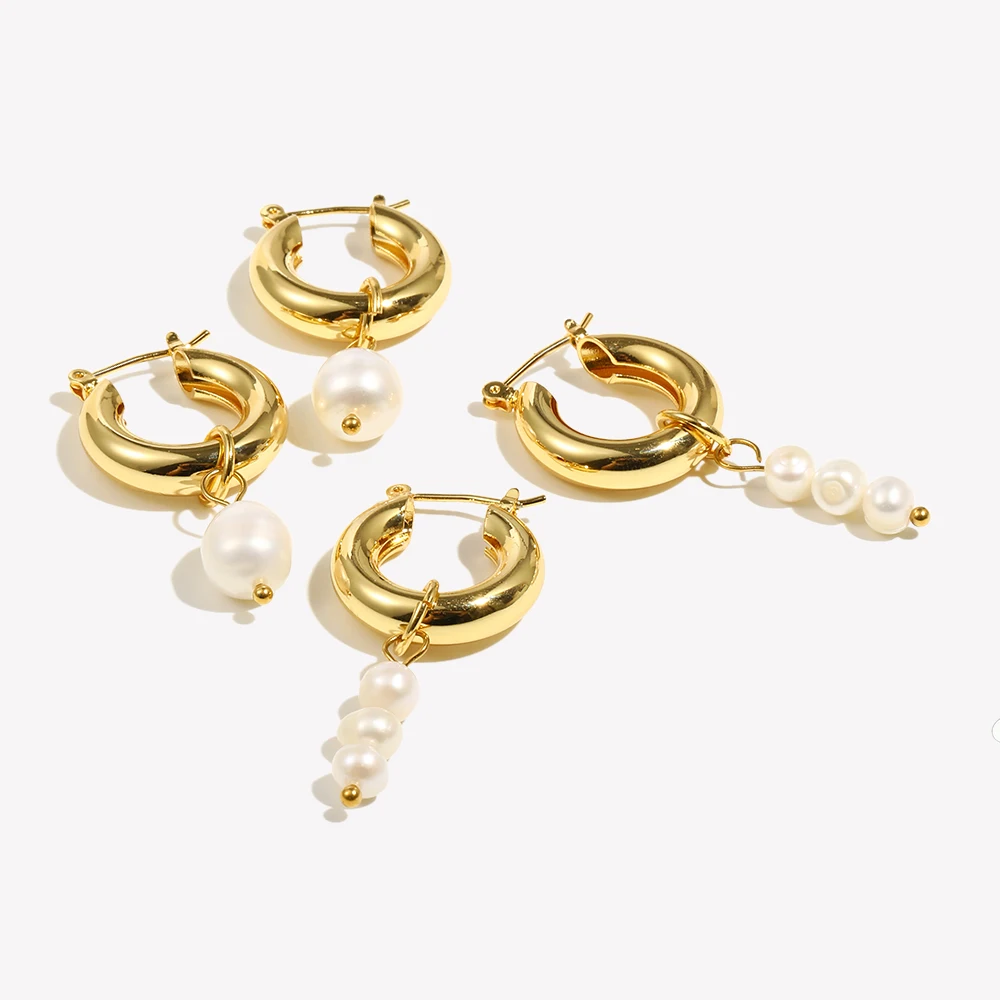 E.B.belle Pearl Earrings for Ladies Fashion Freshwater Pearl Charm Chunky 14K Gold Plated Hoop Earrings for Women