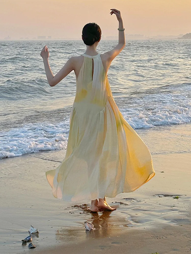 فستان سهرة من Vaion Beach Lazy Adient Long Ne Hanging Dr Loose Gentle Svel Dr Vintage Sle بياقة دائرية