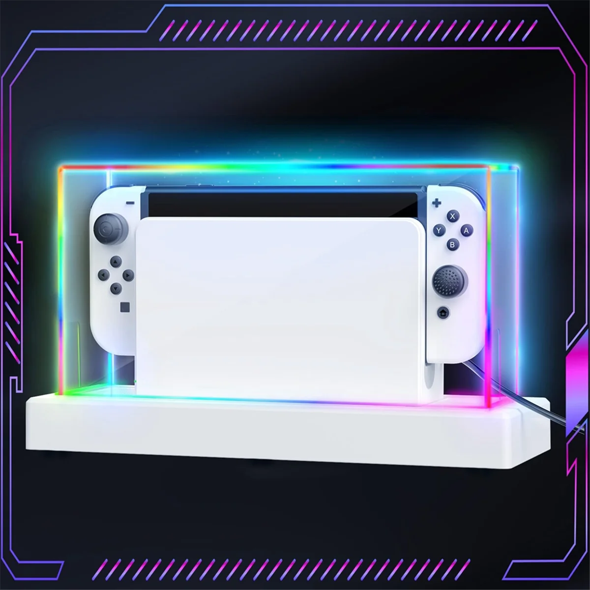 Y23A Acrylic Clear Dust Cover and 16 Led Color Light Base Compatible with for Nintendo Switch/OLED Display Case Dock Cover