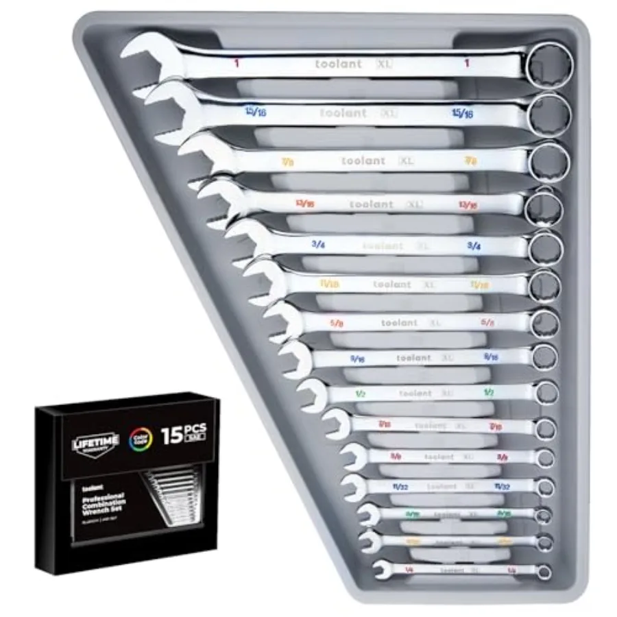 

toolant Max Grip 15pcs Professional SAE Combination Wrench Set with Long Pattern Offset Heads Anti-Slip Teeth Color-Coded Marki