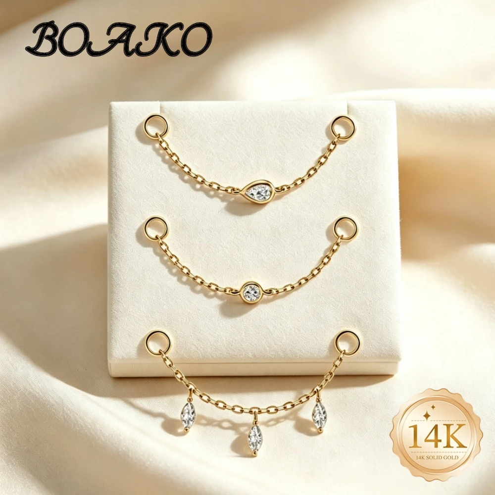BOAKO Classic 14K Solid Gold Solitaire Zircon Chain Drop Cartilage Stud Earrings Hypoallergenic Piercing Jewelry