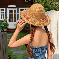 New Dopamine Colored Tassel Grass Hat for Sun Shading Sun Protection Small Face Display Breathable Weaving Wide Brim Grass Hat