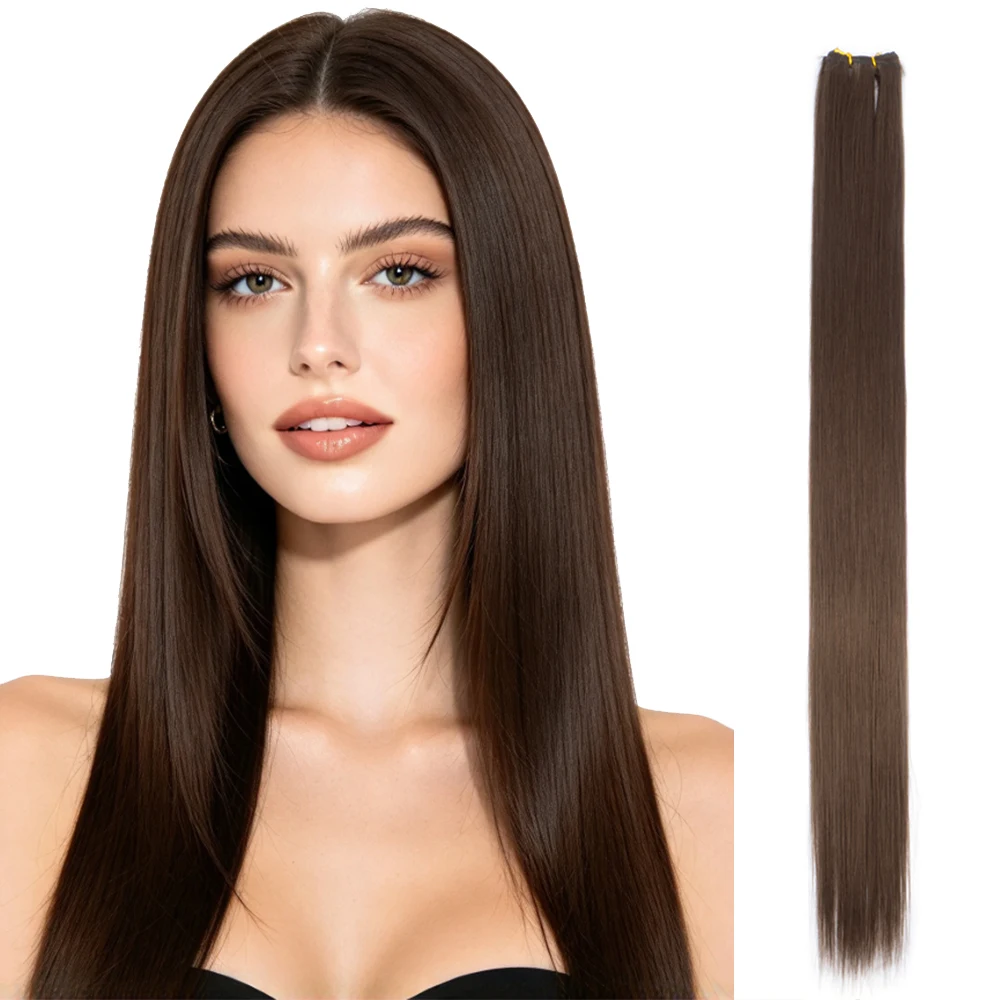 Dark Brown Bone Straight Hair Bundles Super Long Synthetic Yaki Straight Hair Weaving Extensions Natural Full to End for Women