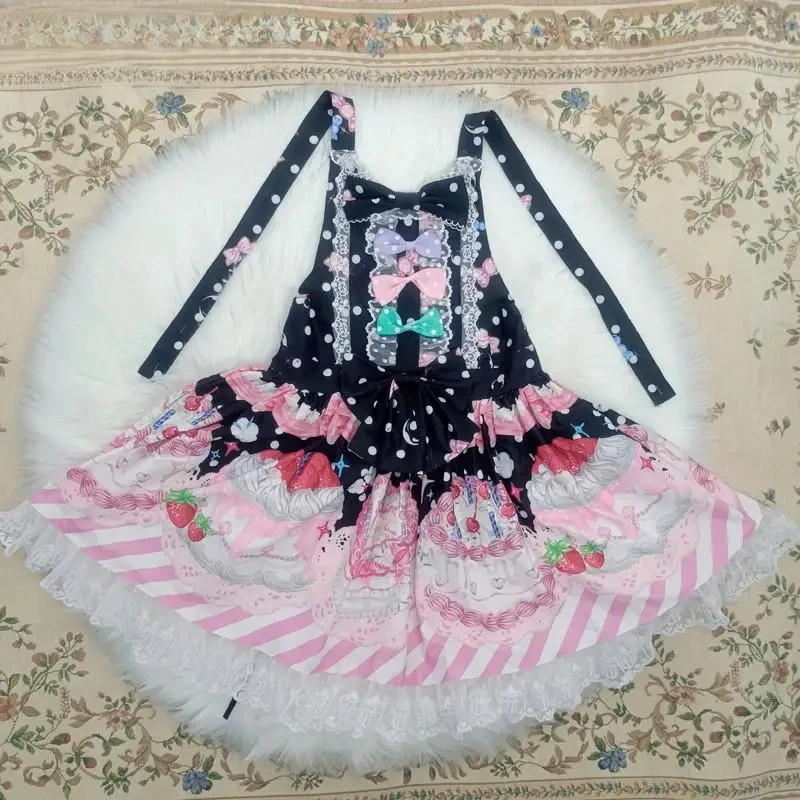 اليابانية Kawaii لينة جرلي الحلو لوليتا نمط فستان خمر ساحة طوق الكرتون كعكة مقوس دانتيل الحمالات JSK الأميرة 2025