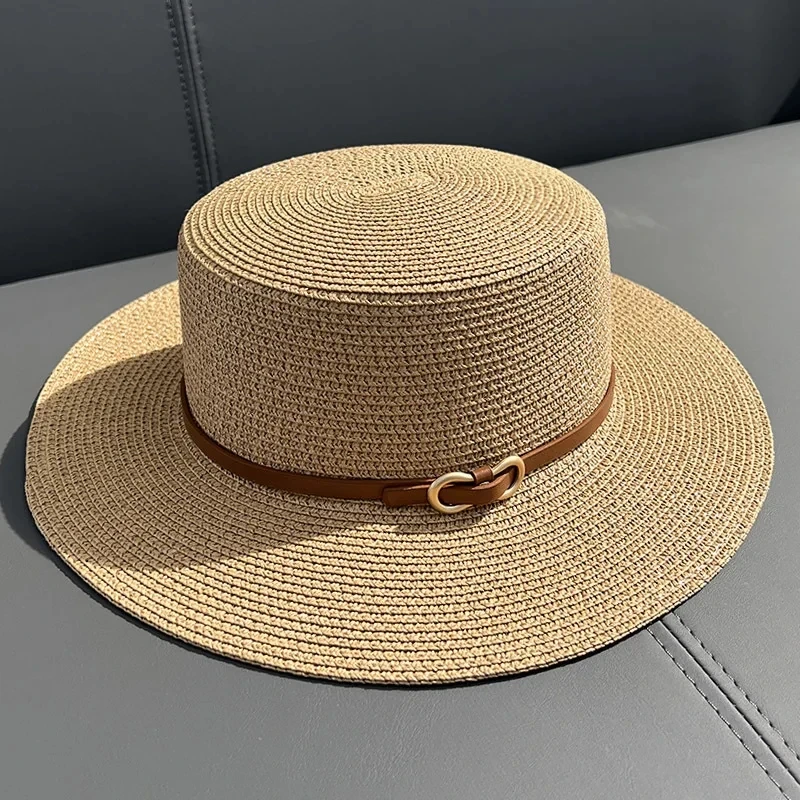 2024 Simple Straw Summer Women Beach Hat Female Casual Panama Hat Lady Brand Women Flat Brim Bowknot Straw Cap Girls Sun Hat