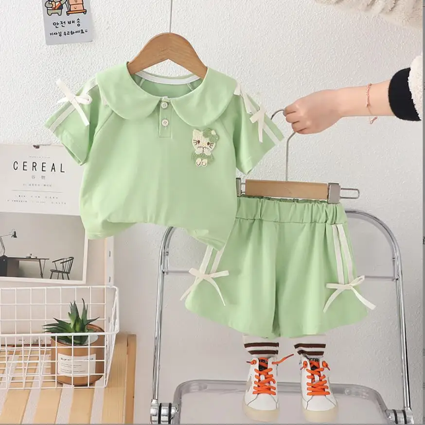 

Baby Girls Summer Outfits 6 To 12 Months Designer Kids Clothes Cute Bowtie Cat Short Sleeve T-shirts And Shorts Toddler Sets