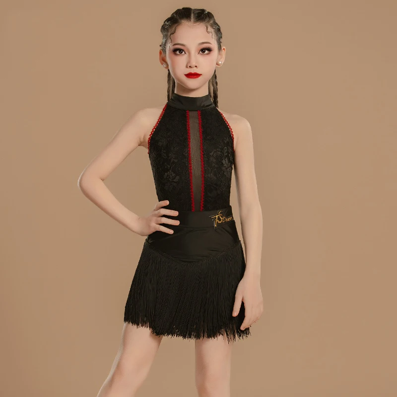 Robes de concours de danse latine pour filles, robe noire à franges, vêtements d'entraînement de danse pour enfants, SL12312