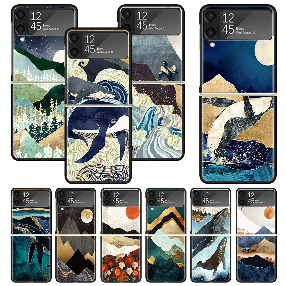 Luxury Ink Painting Print Case For Samsung Galaxy Z Flip 3 4 5 6 5G Phone Shell ZFlip6 Flip5 Flip4 Flip3 Pattern Black Hard Cove