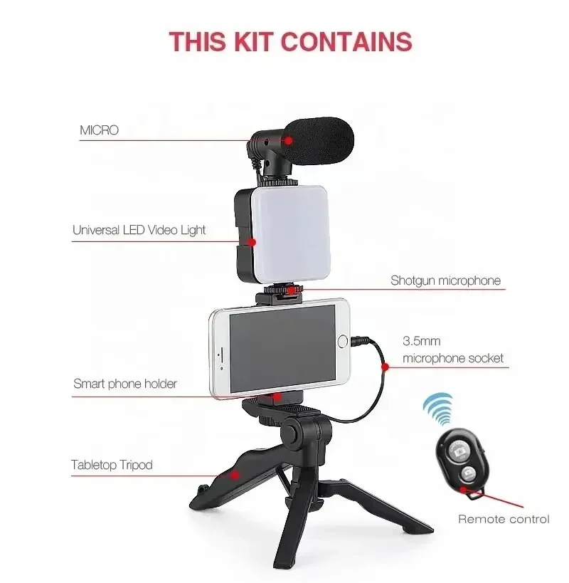 Kit Vlogging per Smartphone con supporto per telefono treppiede Mini microfono LED Fill Light Starter per TikTok Live Stream Video YouTube