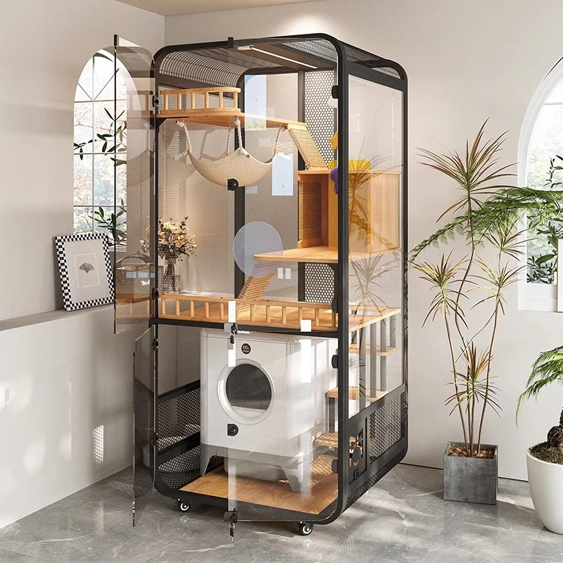 

Cat villa solid wood panoramic glass, luxury large space cabinet cage, can put smart toilet three-story nest house home
