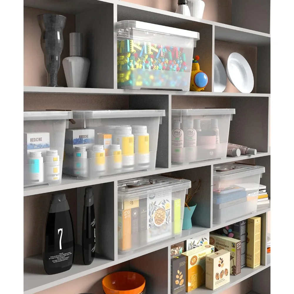 Stackable 7-Quart Clear Plastic Storage Boxes with Latching Lid and Brown Handle, Multi-Purpose, 7 Liter Capacity