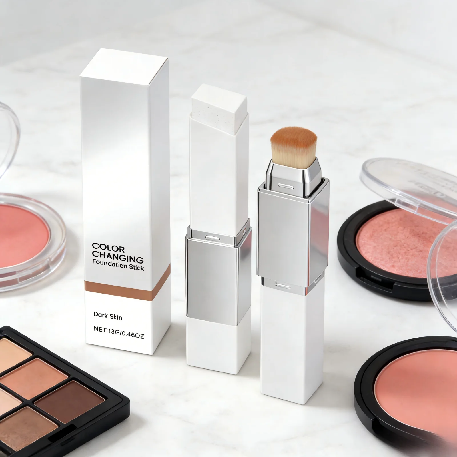 Base de Maquillaje en Barra que Cambia de Color, Resistente al Agua y al Sudor, Iluminadora, Cobertura Total, Corrector 2 en 1, Brochas de Maquillaje