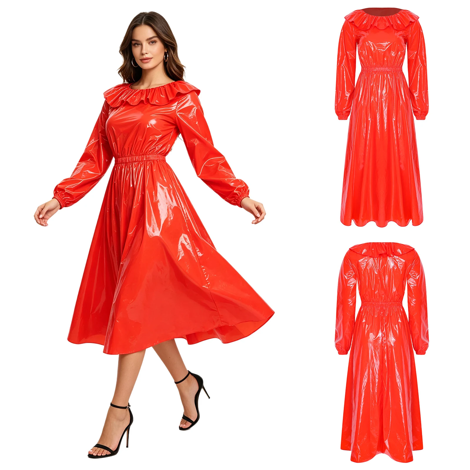 Wasserdichtes Vinyl-Kleid für Damen mit Rundhalsausschnitt, Rüschenbesatz, langen Ärmeln, Taillenbund und ausgestelltem Saum, Midi-Kleid für Clubwear und Rave-Partys