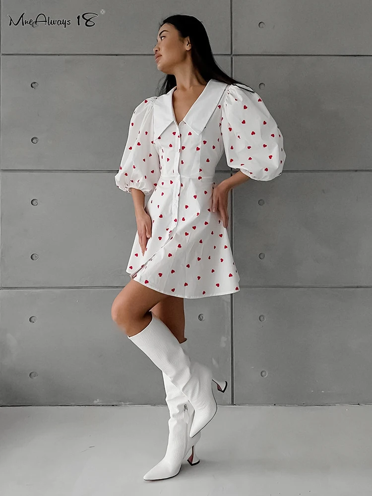 Mnealways18 Puff Sleeve Printing Heart A-Line Dress Women Lapel Elegant Slim Mini Dress Summer 2024 Office Ladies Button Dresses