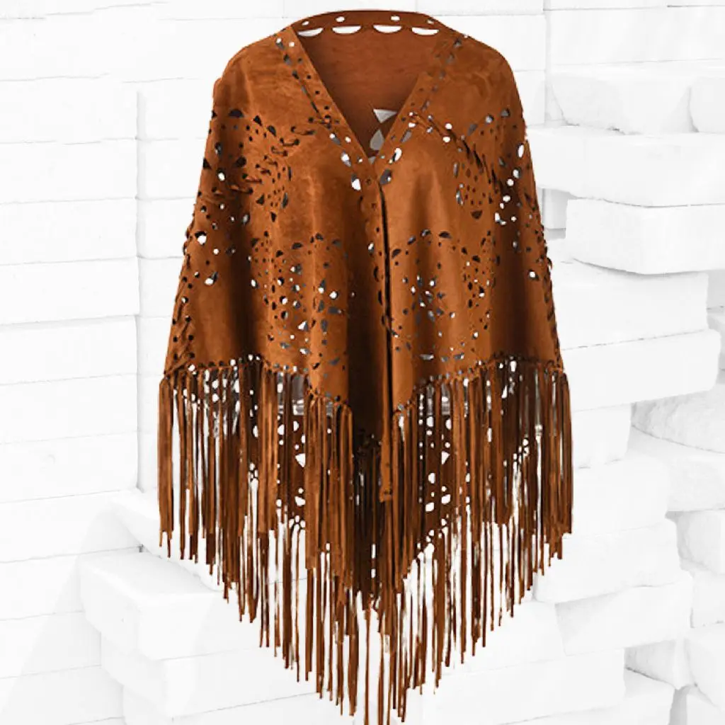 Autumn Winter Womens Suede Hollow Flowers Tassel Cape  Warm Scarf