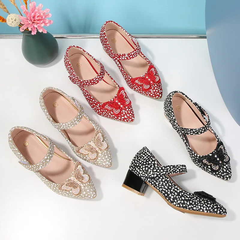 

2025 Spring New Girl Crystal Princess Shoes Fashion Kids Leather Shoe Simple Girls Casual Shoes Anti Slip Child Performance Shoe