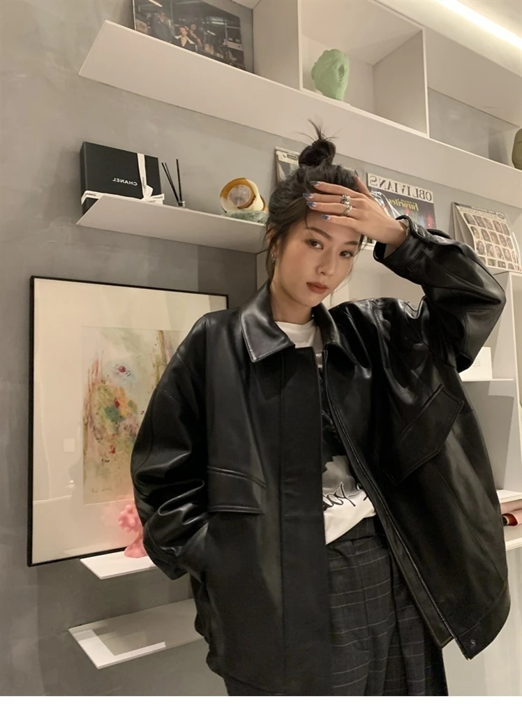 

Autumn Winter Fce Lined Retro Street Sle Motorcycle Jaet Women's Loose Fit Zipper Bla Leather Coat Cool Trendy