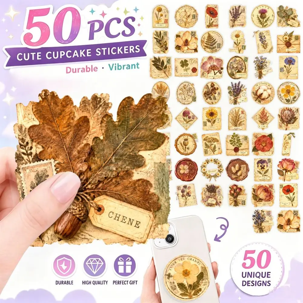 Floral Leaf Design Dried Flower Pattern Sticker Self Adhesive Aesthetic DIY Craft Sticker Elegant Waterproof Clear PET Decal