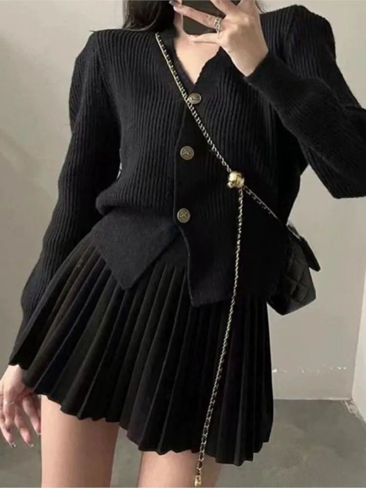 Casual Knitted 2 Piece Set Single Breasted V-neck Top + High Waist Mini Pleated Skirt Autumn Spring Korean Fashion Solid Outfits