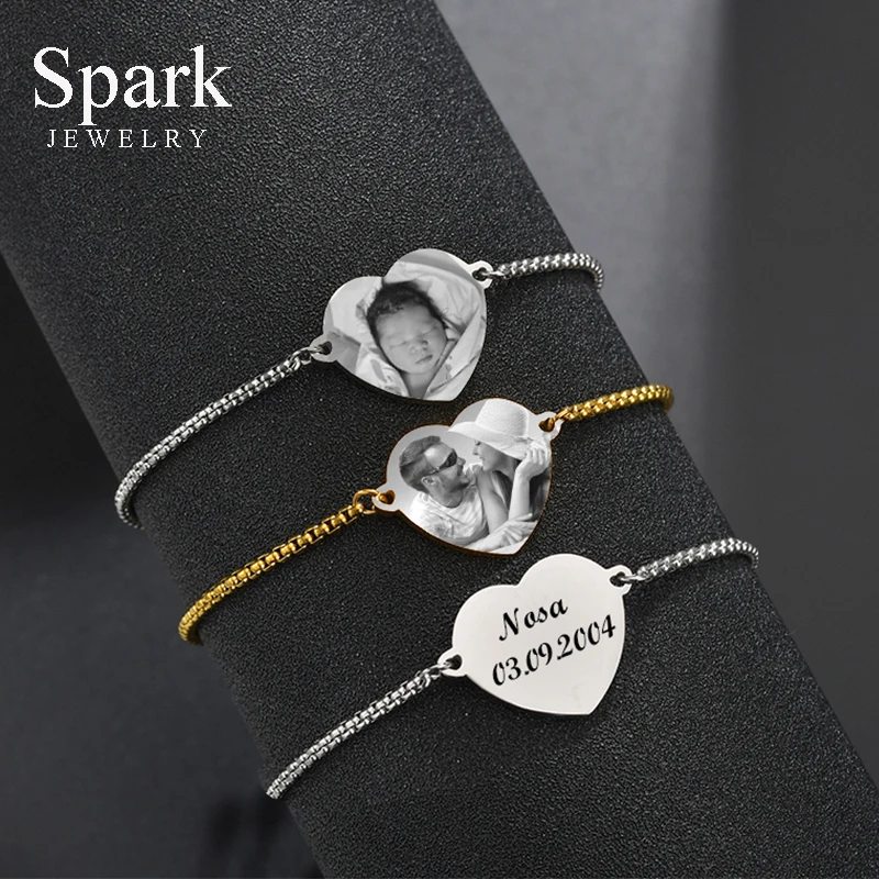 Spark Custom Engrave Name Date Child Picture Bracelet Stainless Steel Heart Kid Personalized Bracelet Jewelry Birthday Gift