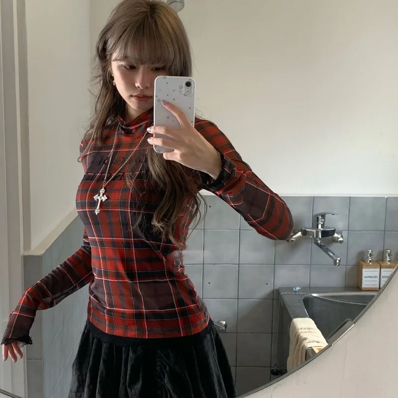 

Plaid Printed Stretch Lace Long-sleeved Mesh Top