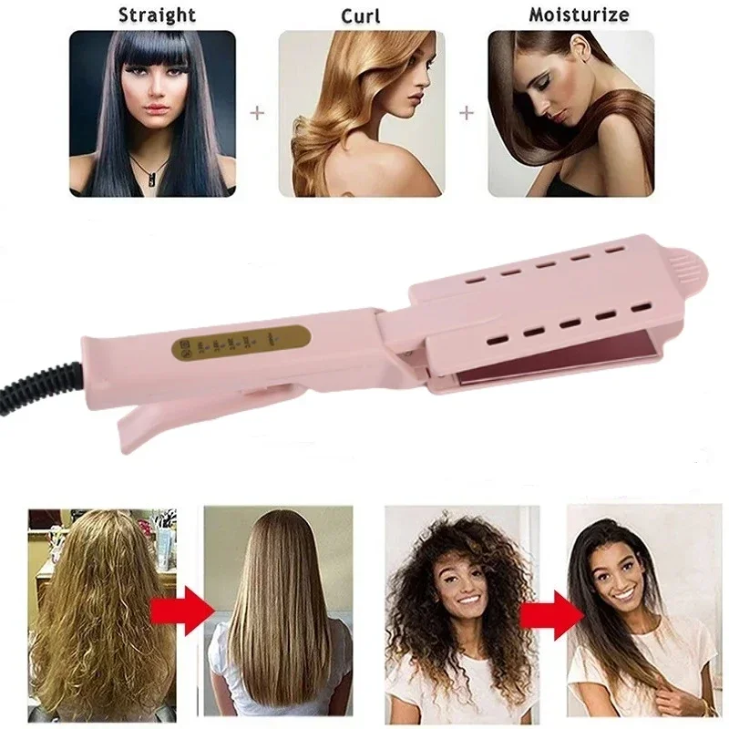 Wide Plate Ionic Flat Iron Pink Hair Straightener Adjustable Temperature Four-gear Steam Hair Straightener Wet&Dry Styling Tool