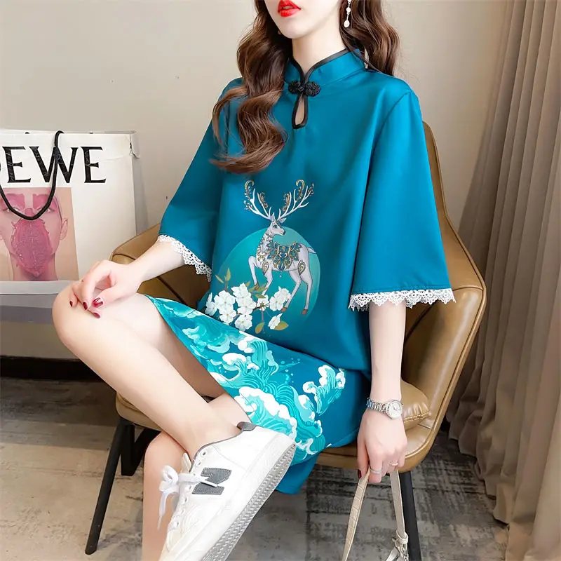 Vintage Chinese Style Summer Women\'s Stand Collar Button Printing Spliced Fashion Versatile Loose Short Sleeve Mid Length Dress