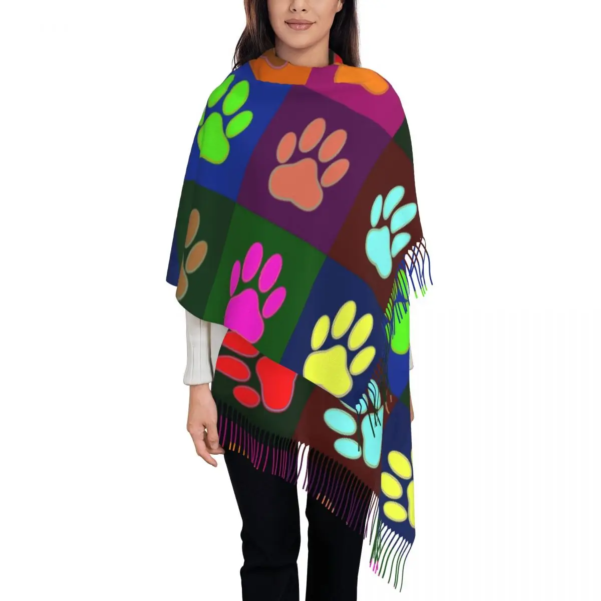 

Colorful Paw Prints In Squares Tassel Scarf Women Soft Pretty Dog Lover Feet Shawl Wrap Lady Winter Fall Scarves