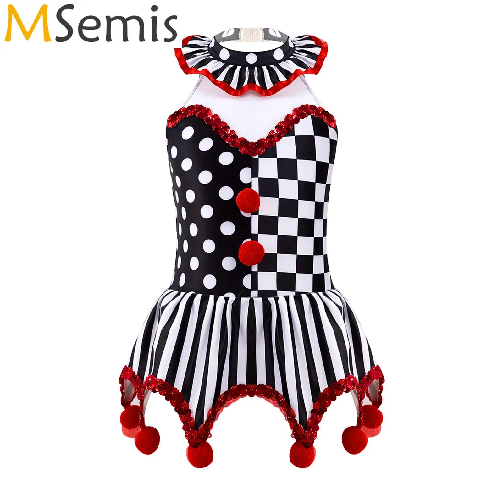 Kids Girls Medieval Circus Clown Octopus Halloween Cosplay Costume Plaid Polka Dots Sequins Pompoms Adorned Irregular Hem Dress