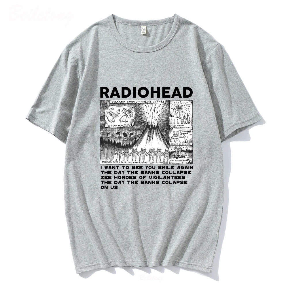 Radiohead Vintage Print T Shirt Mens Oversized 100% Cotton Unisex T-shirts Hip Hop Rock Band Music Album Tees Harajuku Male Tops