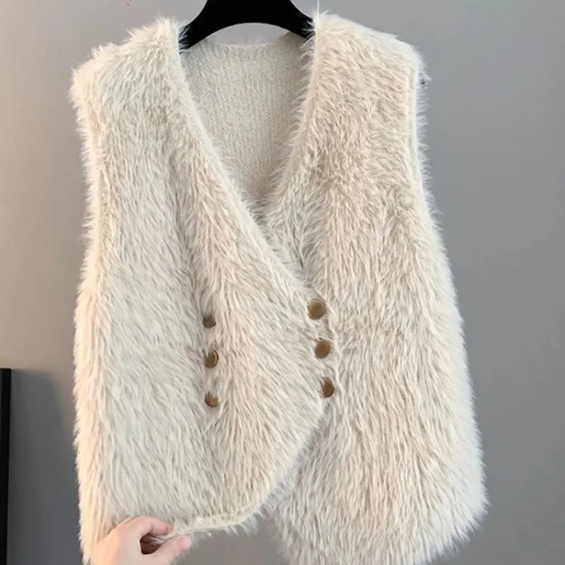 V-Neck Knit Cardigan Vest for Women Autumn Spring New Outerwear Fluffy Faux Mink Fur Sweater Vests Sleeveless Jacket Trendy