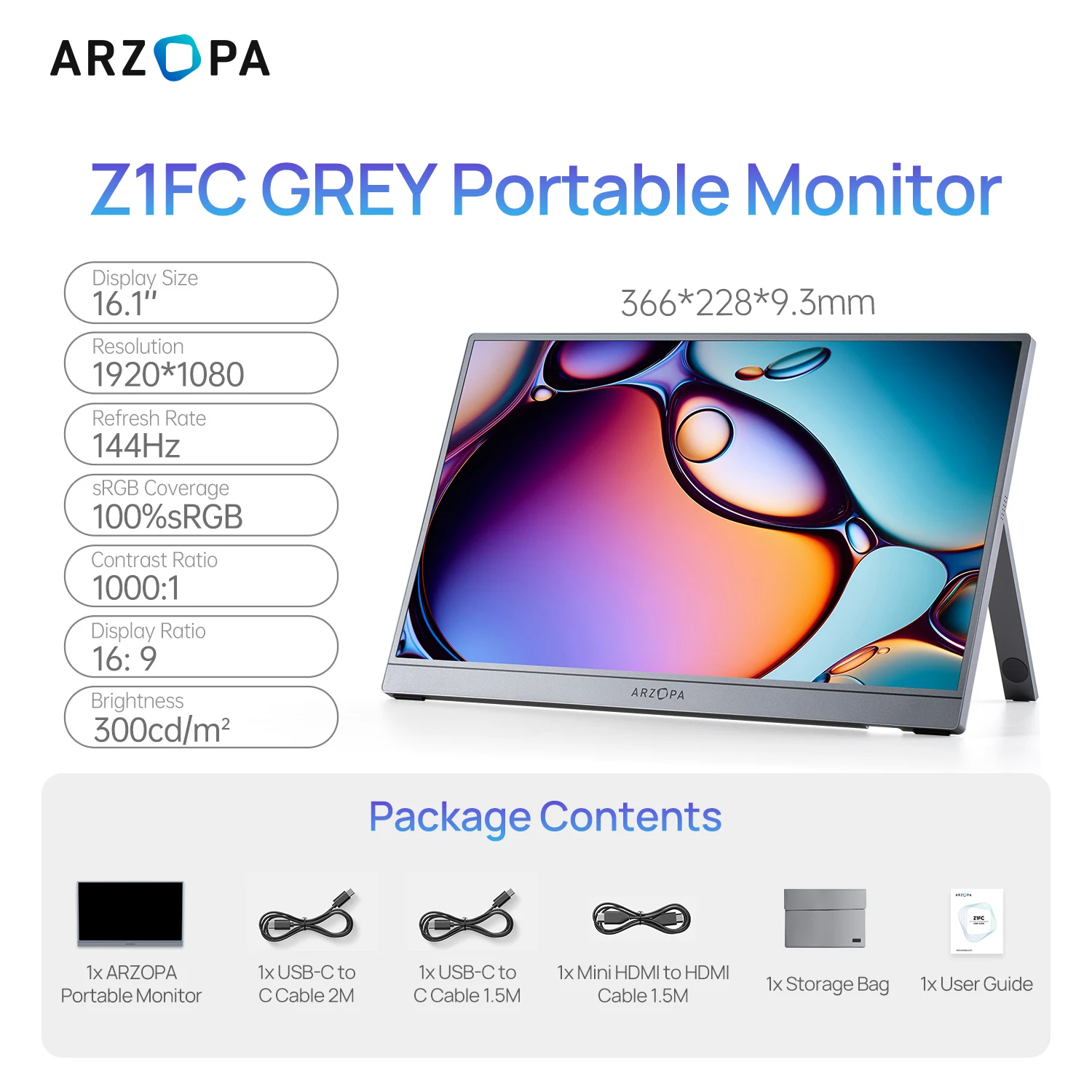 ARZOPA 16/16,1 Zoll, 1/2,5k, 60/144HZ Tragbarer Monitor IPS Mini-HDMI Externer Sekundenbildschirm für Mac Laptop PC Switch Xbox PS4/5