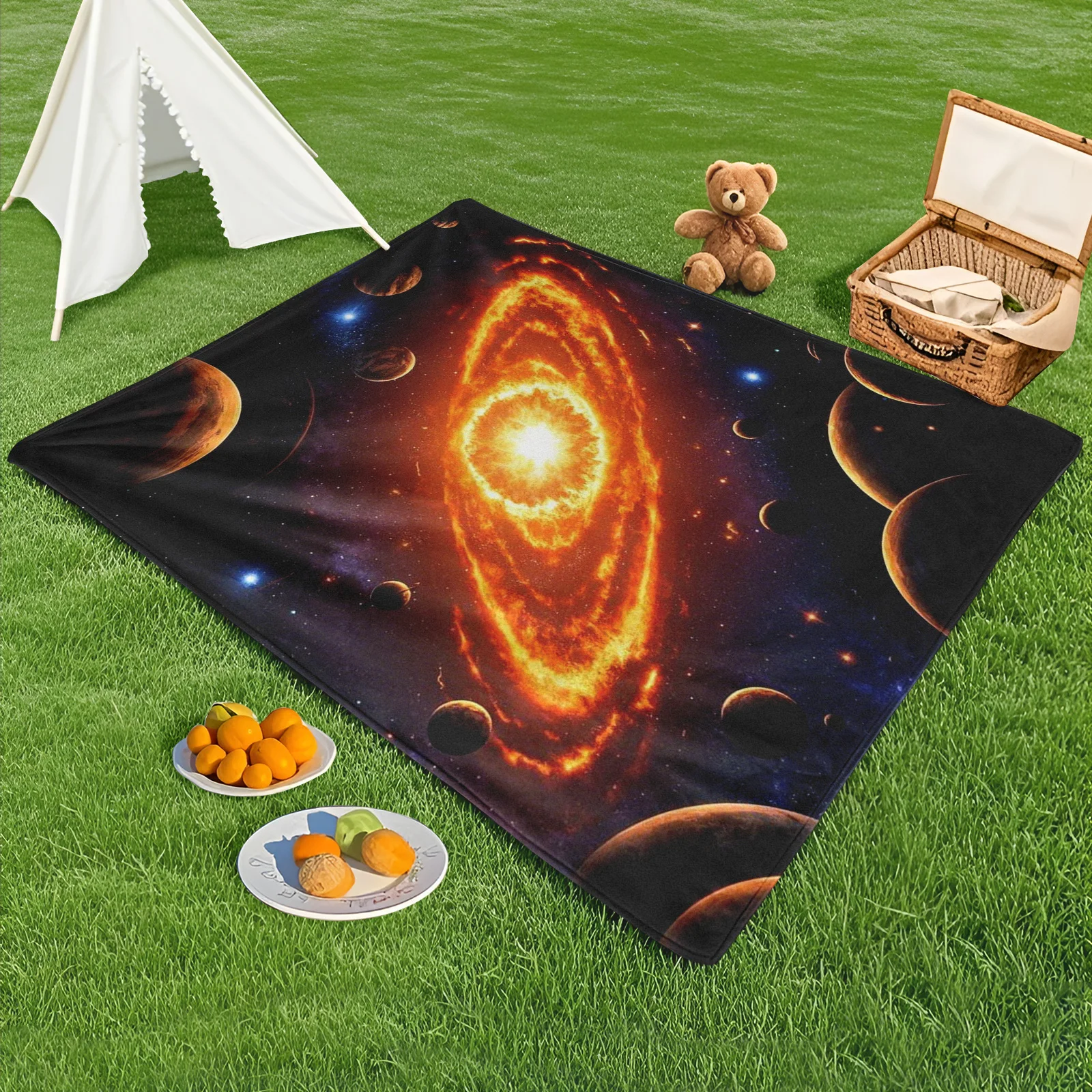 Galaxy And Orange Planet Sci Fi Themed Outdoor Blanket For Stargazing And Cosmic Adventures Under The Night Sky