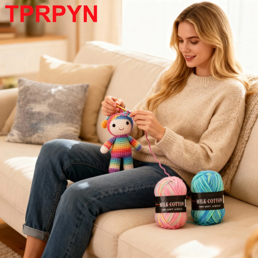 2Pcs Dyed Milk Sweet Soft Cotton Baby Crochet Wool Yarn Thick Yarn Fiber Hand Knitting Wool Crochet Yarn Threads for DIY Sweater