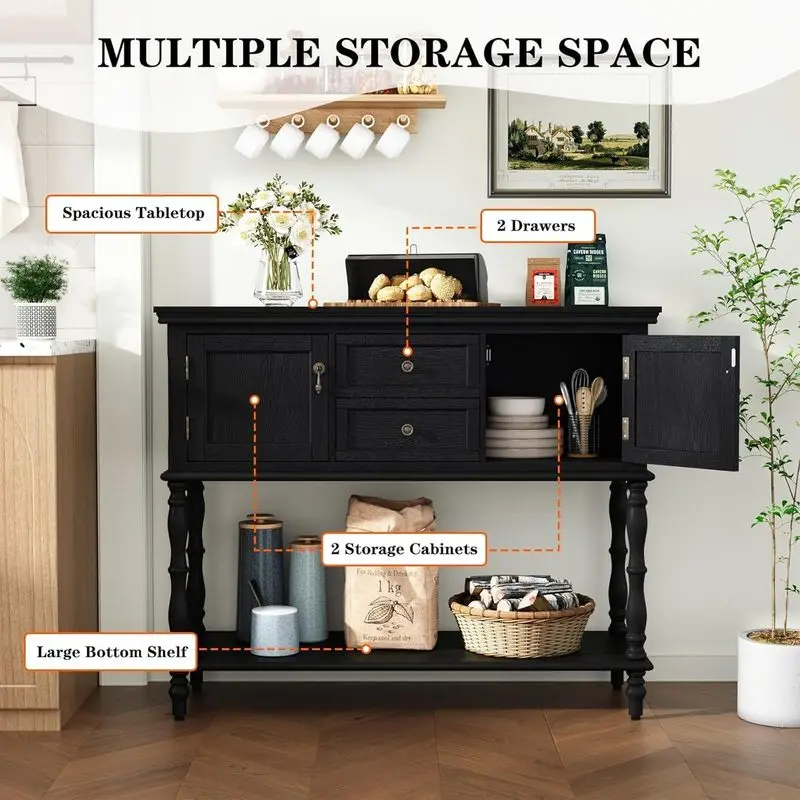 Vintage Black Entryway Console Table with 2 Drawers and 2 Cabinets, Featuring Roman Column Legs, Classic Hallway Storage Cabinet