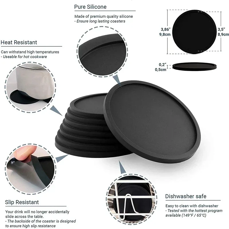 

Non-Slip Silicone Drinking Coaster Set, Round Holder, Coffee Cup Mat Set, Black Tabletop for Home and Office, New