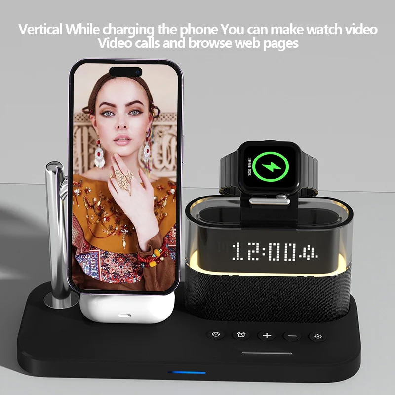 5 in 1 Magnetic Wireless Charger Stand For iPhone 16 to 12, Apple Watch, AirPods, Compatible With Samsung Galaxy, Android Phones