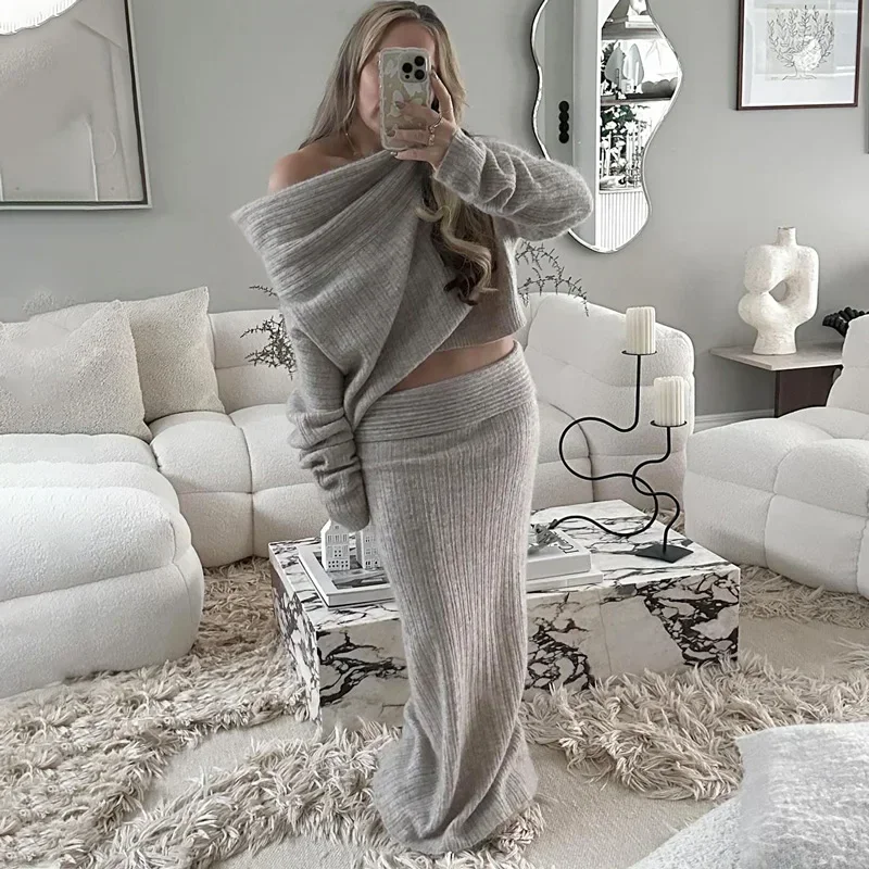Talenza Knitted Long Skirt 2 Piece Set Women\'s Solid One Shoulder Long Sleeve Sweater Pullover Elegant Slim Knitted Skirt Set