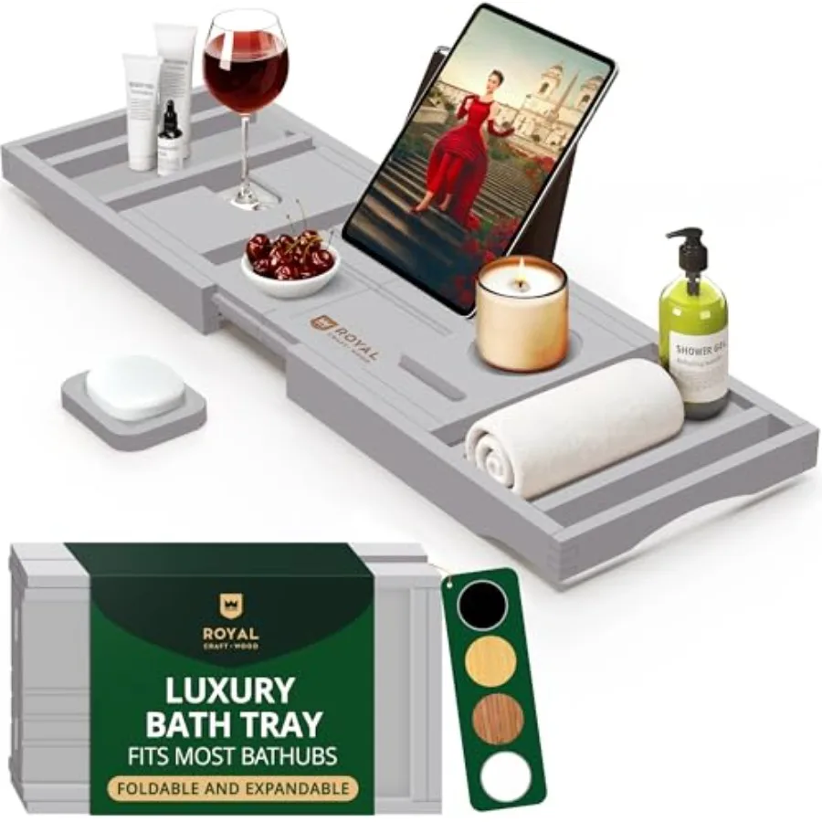 

Premium Foldable Bathtub Tray Caddy Wood Bath Tray for Tub Bamboo Shelf Expandable Bath Table Trays Bathroom Accessories for Ne