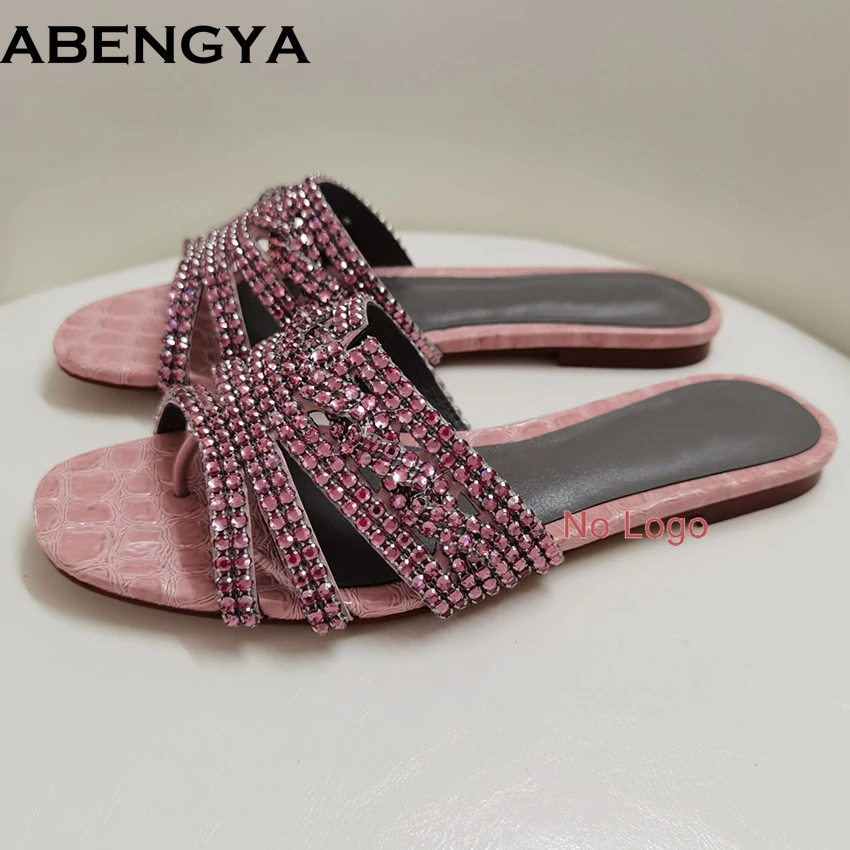 Blingbling Rhinestone Flip Flops Women Square Toe Flat Crystal Slippers Fashion Party Mules Summer Beach Slides Shoes Femininas