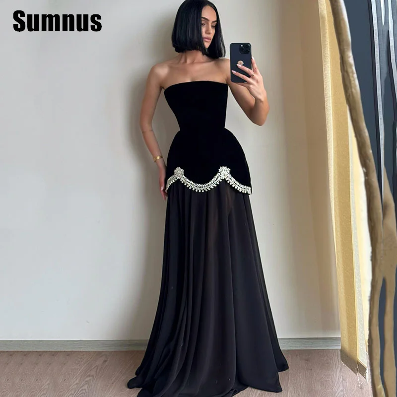 

Sumnus Elegant A-Line Black Prom Dress Strapless Draped Beading Sleeveless Evening Dress فساتين سهرة Customized