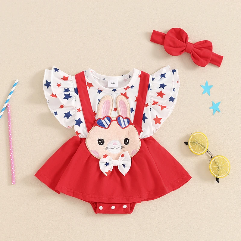 

Suefunskry Baby Girls Independence Day Romper Dress Flying Sleeve Stars Print Jumpsuit with Headband