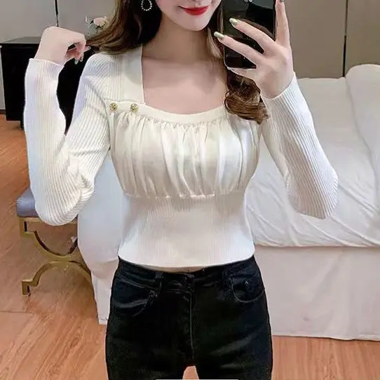 

Women Spring Korean Sweater Square Collar Long Sleeve Casual Buttoned Slim Fit Fashion Solid Color Tops Pullovers Female V11